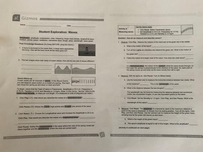 Student exploration waves answer key