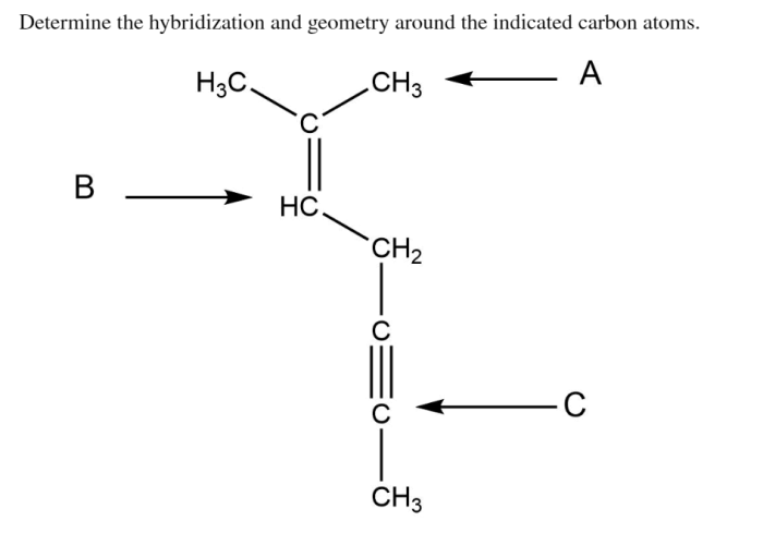Determine the hybridization and geometry around the indicated carbon atoms.